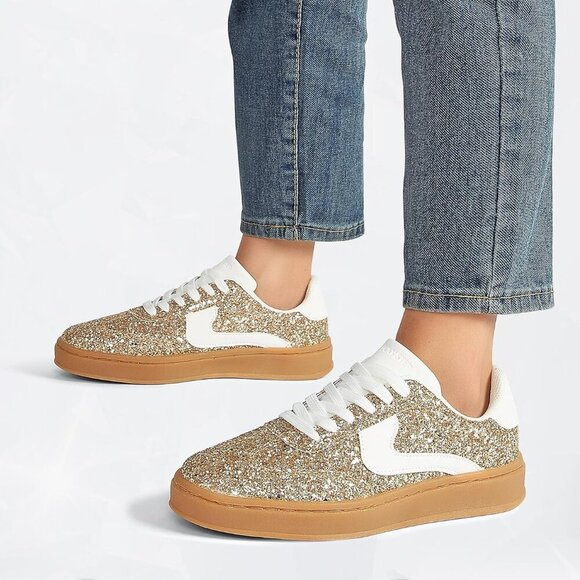 Women's Glitter Sneakers Casual Sparkly Anti Slip Rubber Sole Lace-Up - Picture 9 of 9